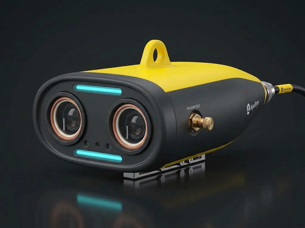 The AquaVyon S1 underwater stereo camera, showing its twin calibrated lenses, integrated lighting, vacuum test port and streamlined housing