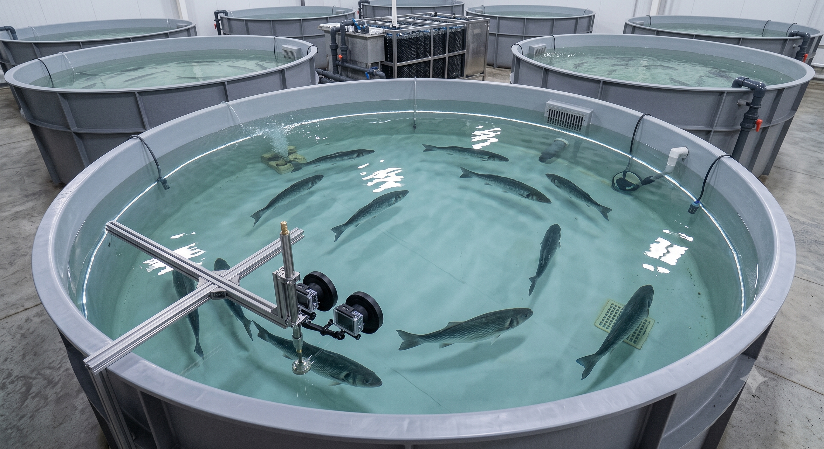 Automated camera rig monitoring fish in a recirculating aquaculture tank as part of AquaVyon R&D