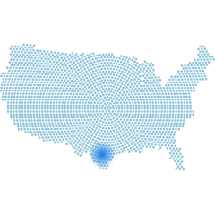 Dot map of the United States marking Austin, Texas