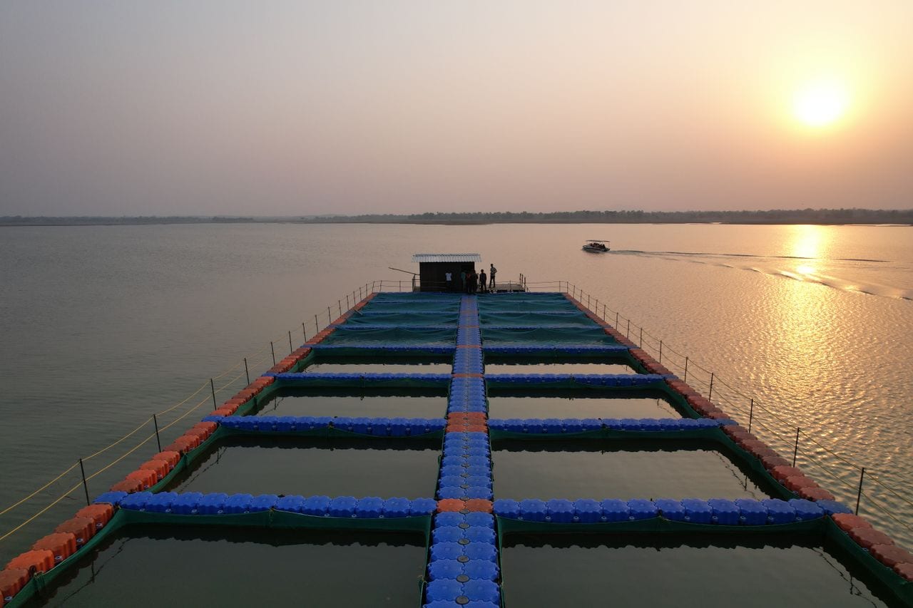 Net-pen fish farm on calm water at dusk